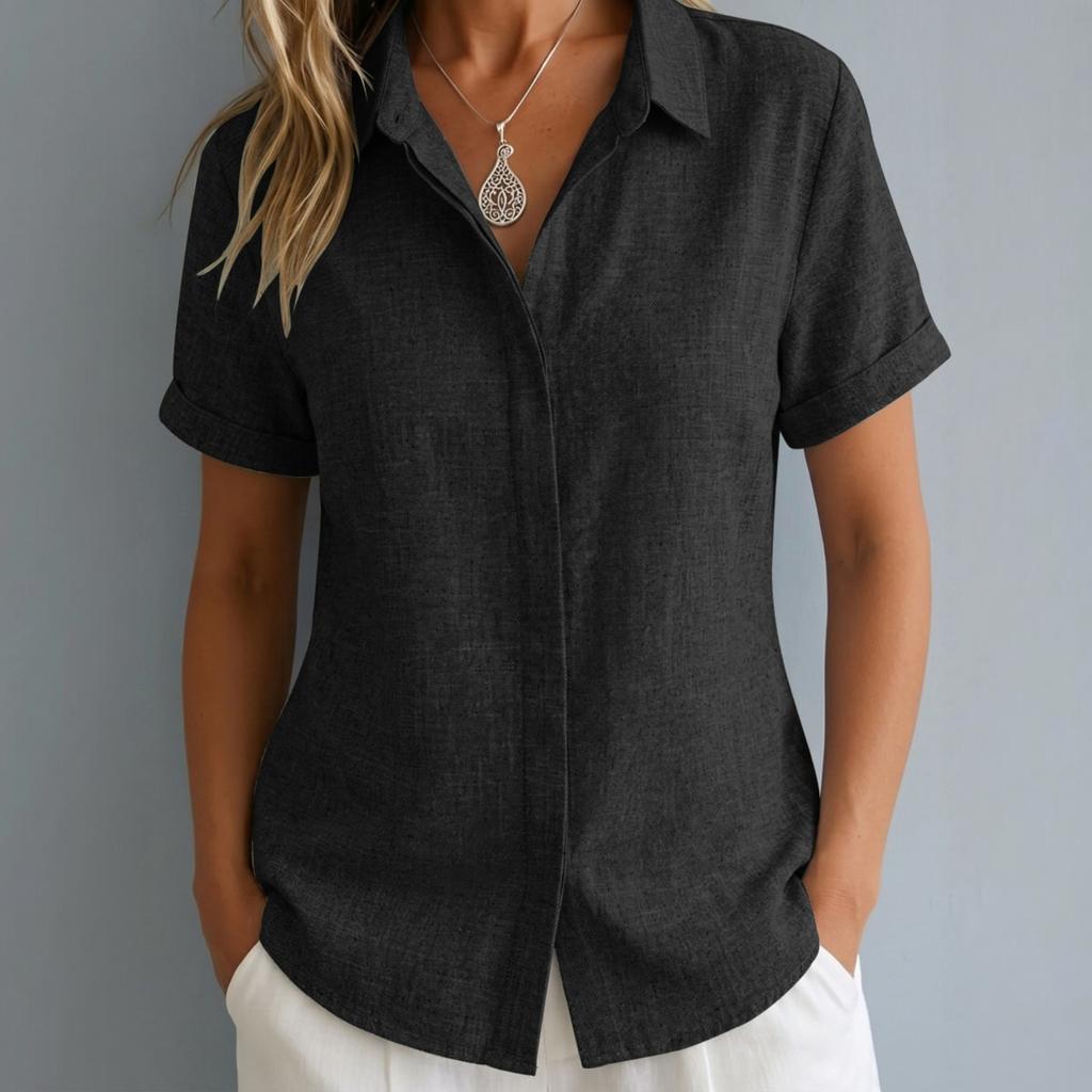 Women Short Sleeve Button Down Shirt Collared Casual Loose Fit Imitation Linen Blouse Lightweight Summer Top for Daily Wear