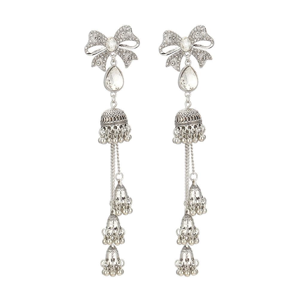 

Ethnic Jewelry for Women Gypsy Tribal Retro Antique Crystal Bowknot Beads Bells Tassel Long Earrings белый