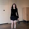 2025 Autumn Black Velvet Polka Dot Slim-Fit Round Neck Dress