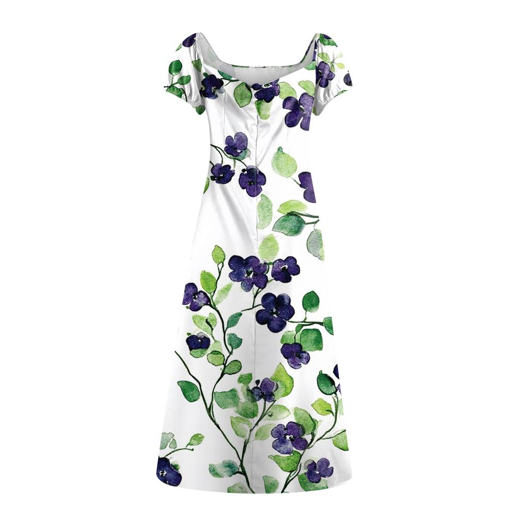 Vestidos de Verano para Mujer Estampado Floral Lazo en el Pecho Cintura Alta Manga Burbuja Abertura en la Cintura