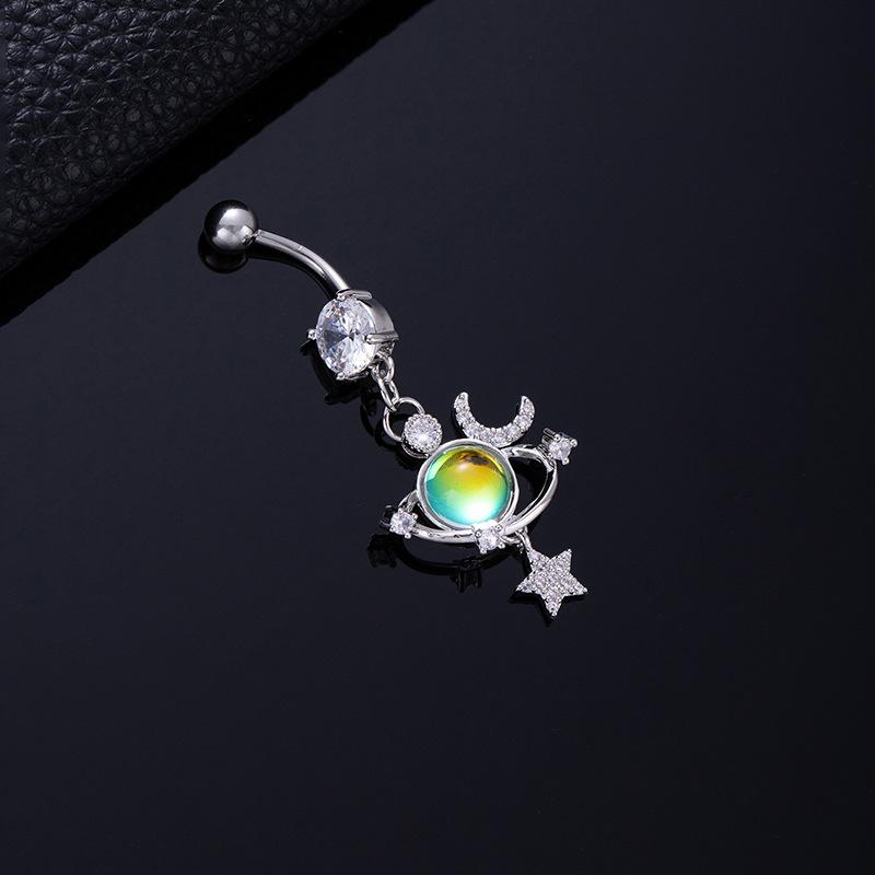 Colored Zircon Spiral Navel Nail Wind Star Moon Navel Ring Pierced Tassel Navel Buckle