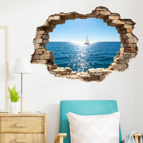 Yousheng 3D Broken Wall Ocean View Sticker, Coconut Tree Beach Decorative Decal, Waterproof Peel-And-Stick Wall Art for Living Room, Bedroom,