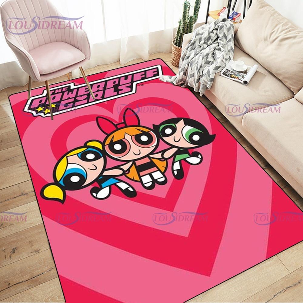 Alfombra de dibujos animados con estampado de Chicas Superpoderosas, decoración para sala de estar y dormitorio, alfombra antideslizante para baño, felpudo para suelo en el pasillo