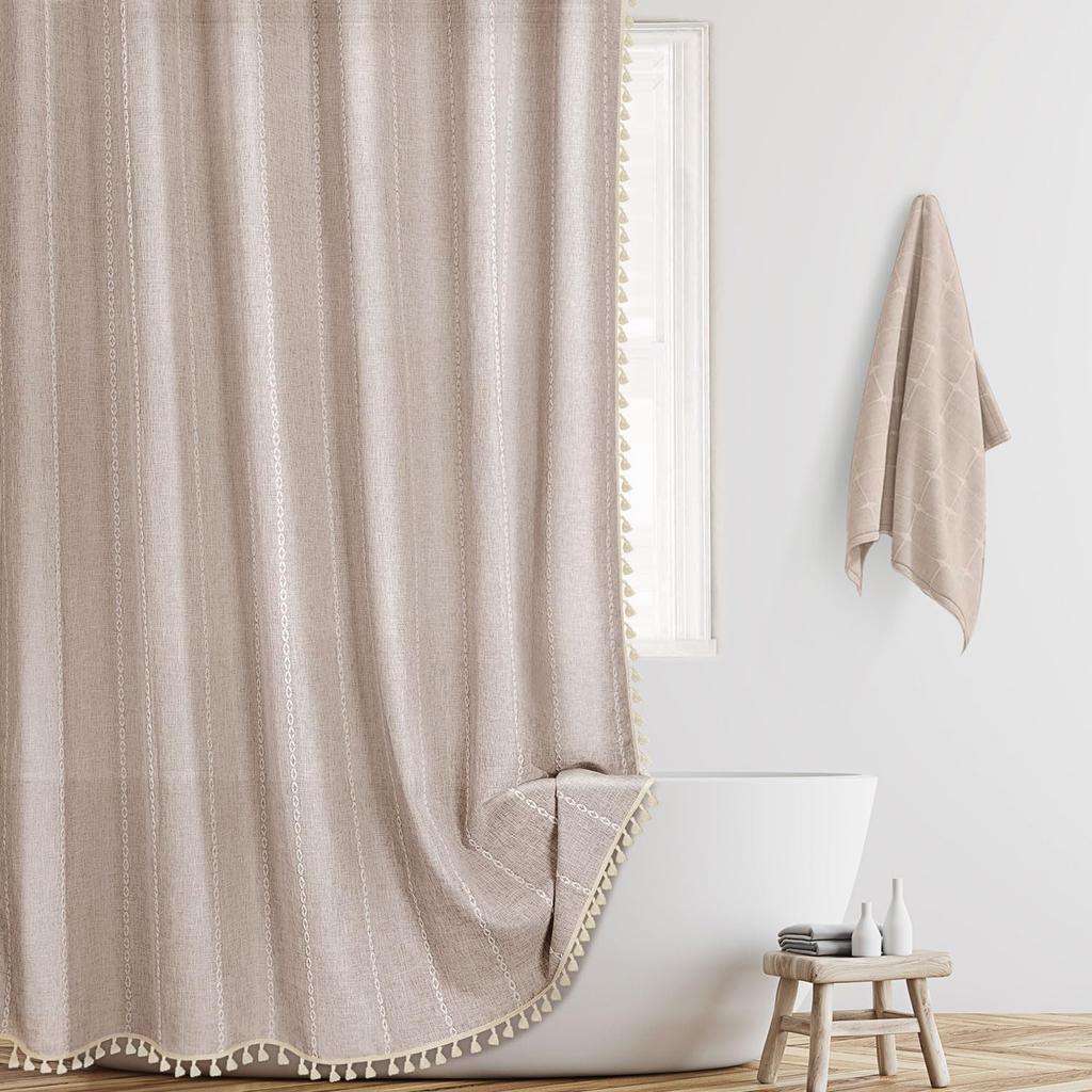 300GSM Thickened Polyester Linen Blend Shower Curtain, Waterproof Lotus Coating, Vertical Stripes with Tassel Hem