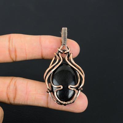 Amazing Black Onyx Gemstone Handmade Pure Copper Wire Wrapped Jewelry Pendant