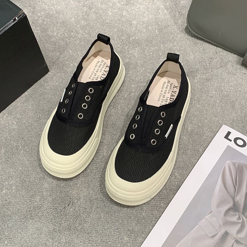 Female Footwear Canvas Off White Women's Shoes High On Platform Slip Original Cotton 2024 New Comfortable and Elegant Light Shoe