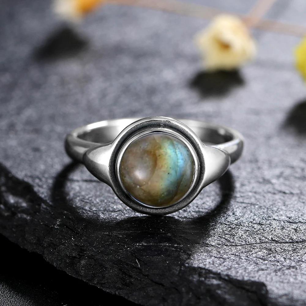 S Silver Ring for Women 8MM Oval Natural Moonstone Turquoise Laqbradorite Rhodochrosite Gift Party