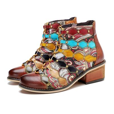 Genuine Leather Short Boots Hand Printed Retro Patchwork Fashionable Rivets Mid Heeled Shoes