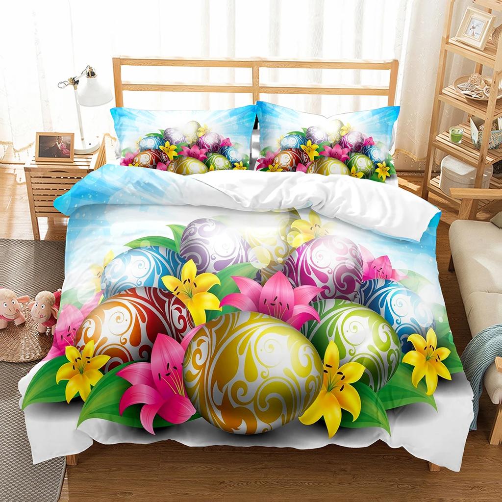 Happy Easter Duvet Eggs Rabbit Pattern Polyester Comforter Cover Festival Gifts for Kids Boys Girls Bedding Set with Pillowcase