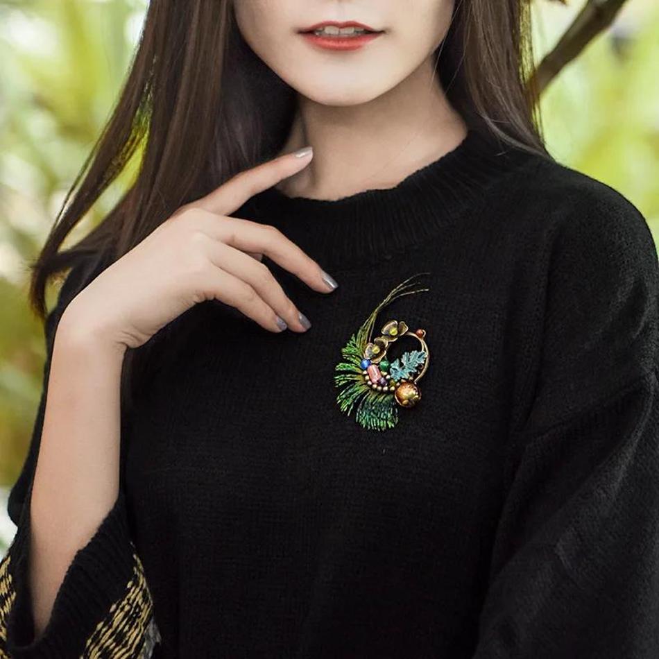 1 Pcs Handmade Peacock Feather Brooch New Ethnic Jewelry Copper Flowers Brooch Glazed Stones Vintage Brooch New