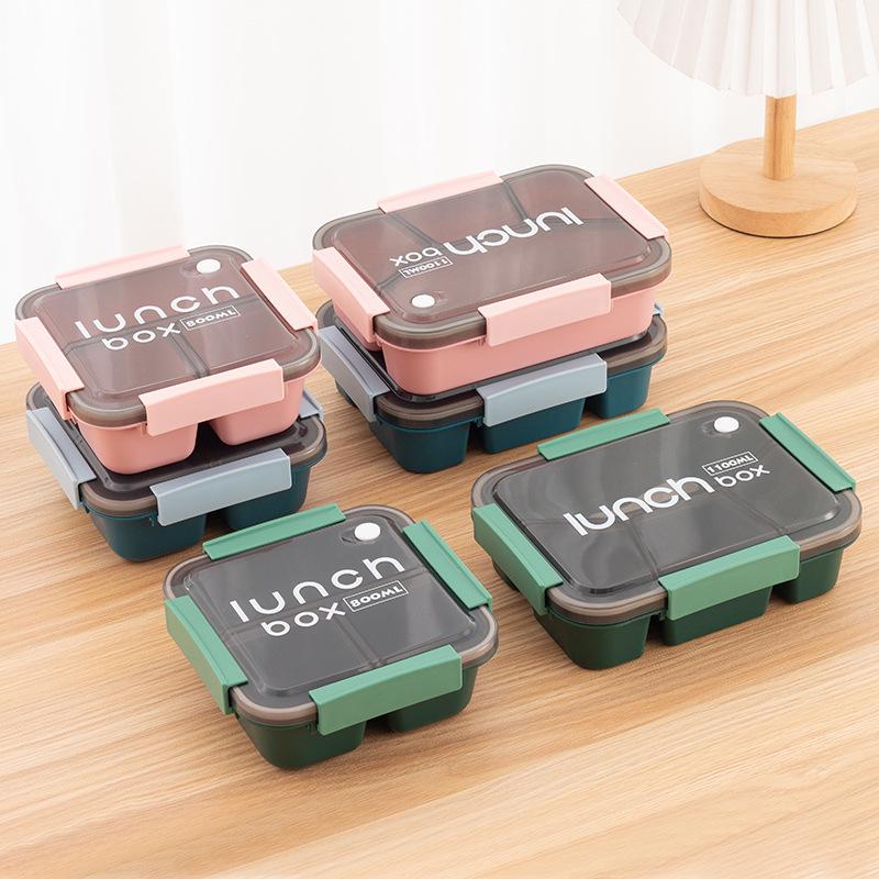 Square Grid Portable Plastic Bento Lunch Box - Microwave Safe with Buckle for Students & Office Workers
