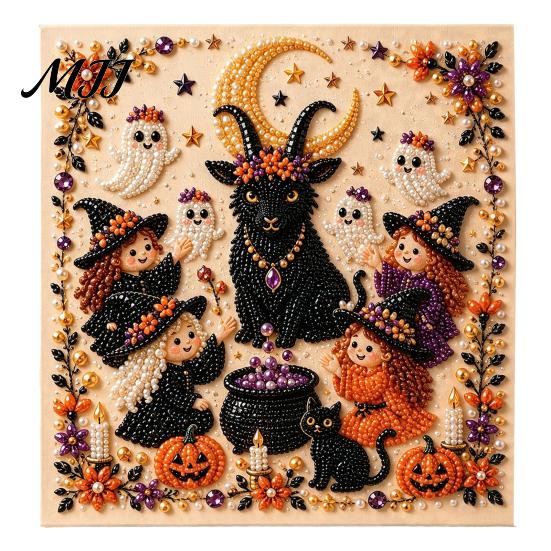 Zestaw Artystyczny z Sztucznymi Perłami Halloweenowy Zestaw DIY, Zestaw do Haftu 3D Koralikami, Upiorny Projekt Relaksujący Stres Duch Koza Wiedźma Sztuka Ścienna, Sezonowa Dekoracja Domu