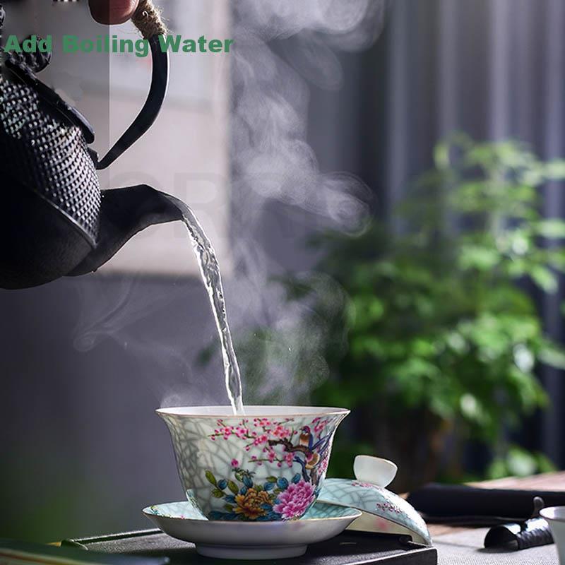 BORREY Chinese Ceramic Magpie Gaiwan Tea Set Kung Fu Tea White Porcelain Gai Wan Outline In Saucer Teaware Ceremony Dish Tea Cup