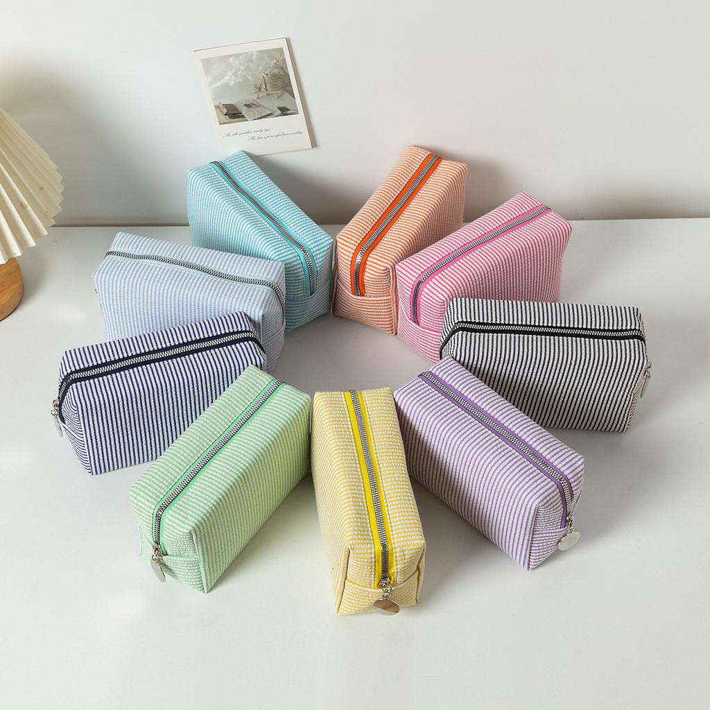 Striped Makeup Organizer With Large Capacity Travel Wash Bag For Daily Use