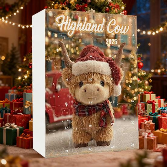 Highlandská kráva Adventní kalendář 2025 24 dní Odpočítávací kalendář do Vánoc s ozdobami Highlandské krávy na vánoční stromeček Domácí dekorace