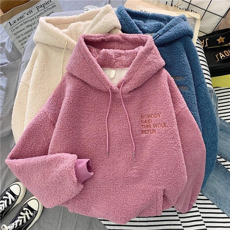GMXIA Lambskin Hoodie for Female Students, Loose Bf Laid-back Style, Autumn and Winter, Thickened with Fleece, Hoodie and Jacket Women's Hoodies