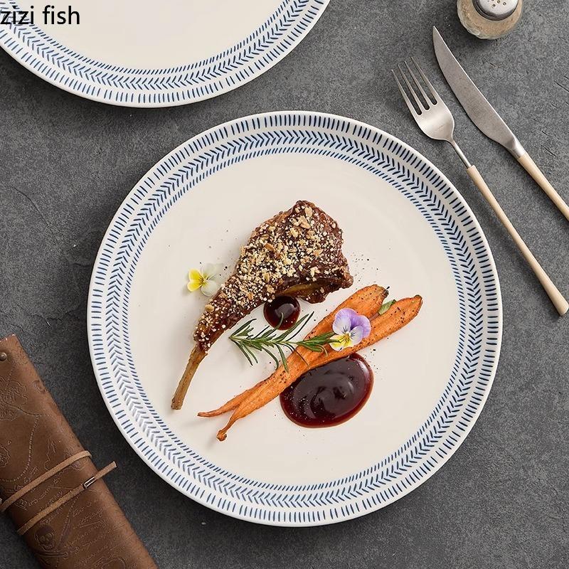 Blue Striped Ceramic Shallow Plate Underglaze Color Cake Plate Steak Plate Sushi Plates Restaurant Specialty Service Plates