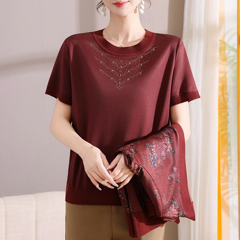 

Mother s Ice Silk T-shirt & Jacket Set: Spring/Autumn Knit Two-Piece for Middle-aged & Elderly Women 2XL