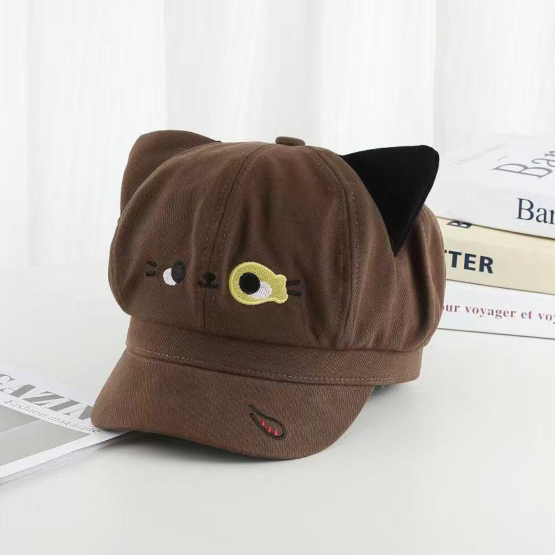 Cute Cartoon Cat Ears Embroidered Octagonal Hat Female Spring and Autumn Sweet Casual Versatile Photo Shade Beret
