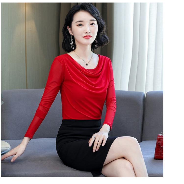 Fashion Women Spring Autumn Thin Mesh Blouse Stacked Neck Slim Fit Long Sleeve Base Layer T Shirt