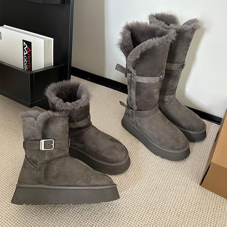 Gray snow boots women's 2025 autumn and winter new thick-soled heightening is not tiring, feet are piled and thickened, long-tube snow cotton shoes