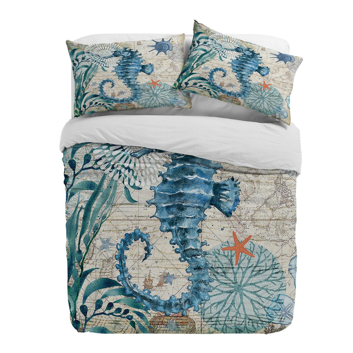 Jmg Household Supplies Unisex Seahorse Ocean Nautical Style Duvet Cover With Pillow Case Custom 3Pcs Bedding Set Quilt Cover Double Bed Home Textile