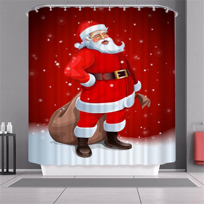Curtain Shower Christmas With Hook Waterproof Fabric Bathroom Santa Xmas Claus