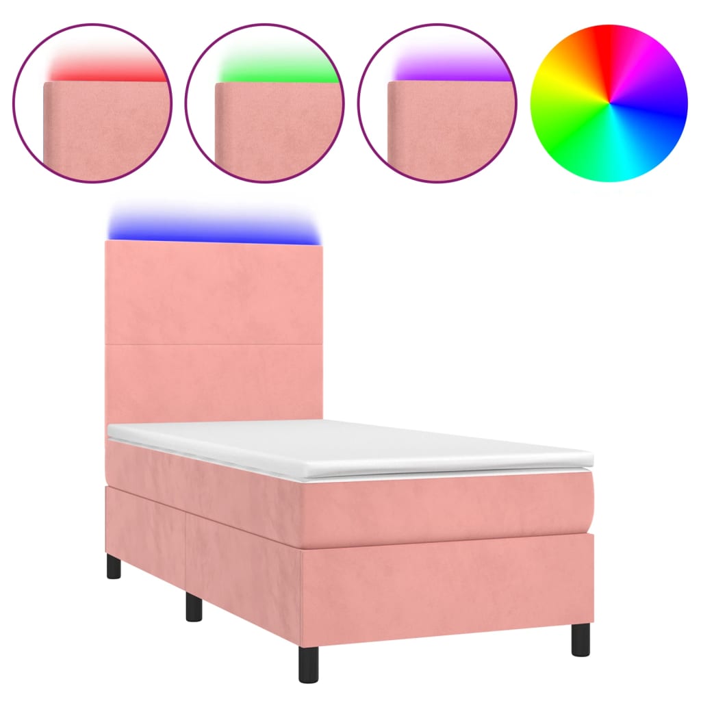 Box Spring Bed with Mattress & LED Light Pink 90x200 cm Velvet