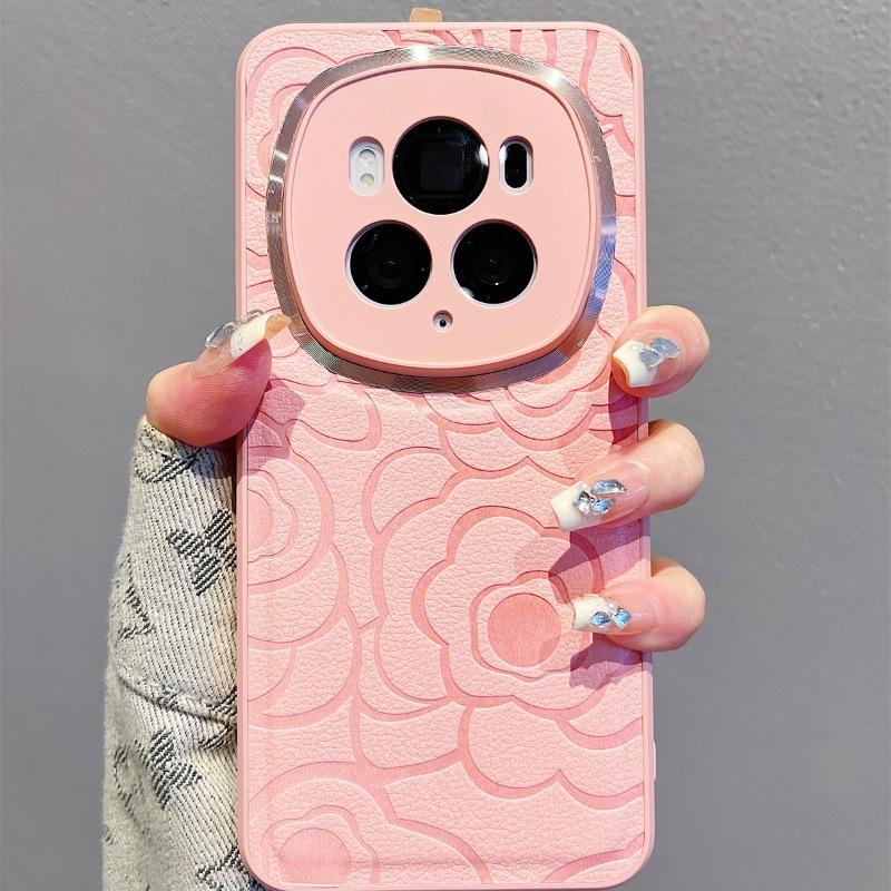 Kameliendesign aus Leder Geeignet für Honor Magic6 Handyhülle Kleiner Duftstil Metall-Objektivring Mate60 Schutzhülle Hart