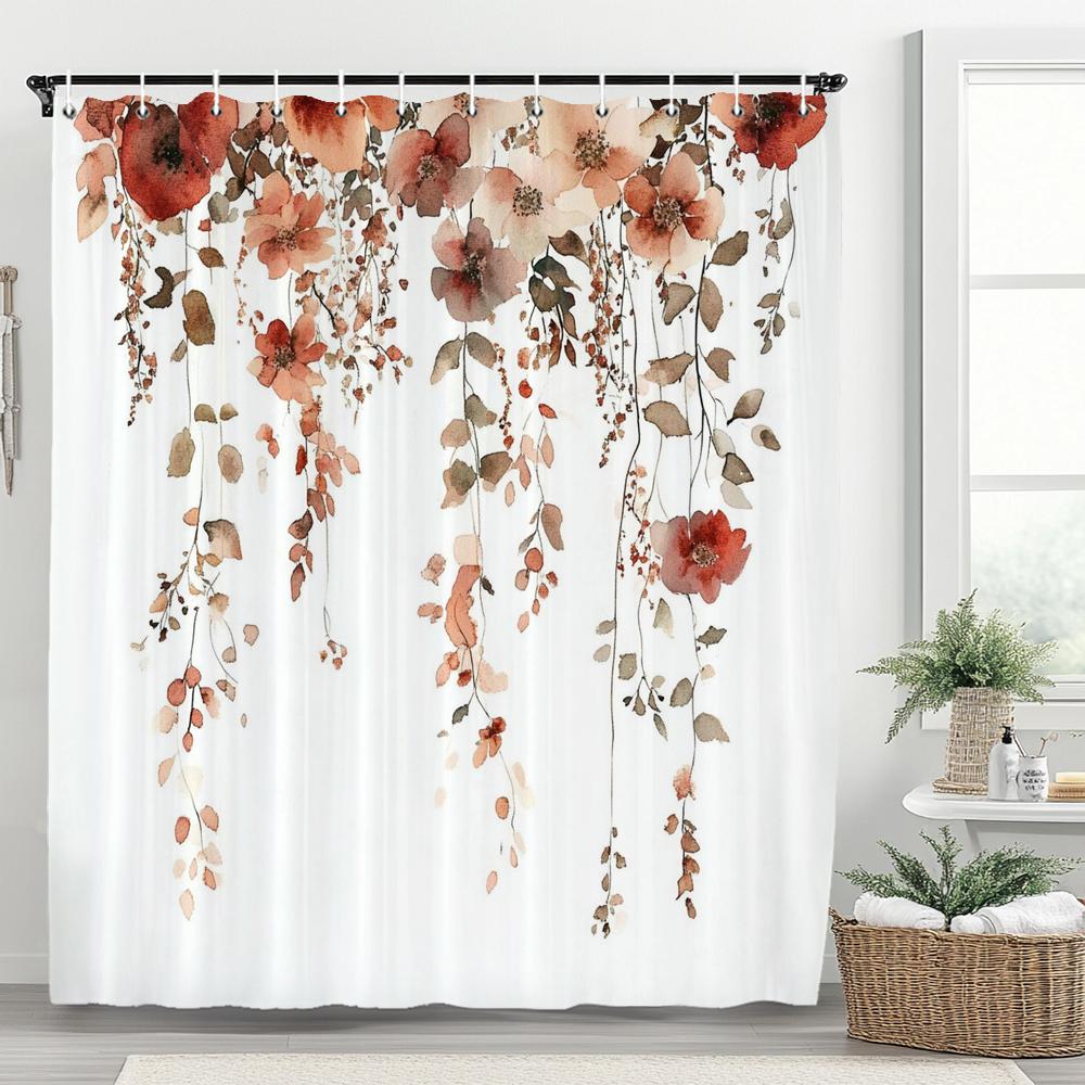 Modern Plants and Leaves Shower Curtain, Botanical Leaf Bathroom Decor Shower Curtain, Waterproof Shower Curtain with Hooks