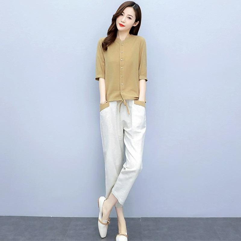 

Casual Fashion Cotton and Linen Suit, New Year, Western Style, Age-reducing Linen Mother Outfit, Thin and Meat-covering Two-piece Suit for Women 3XL жовтий