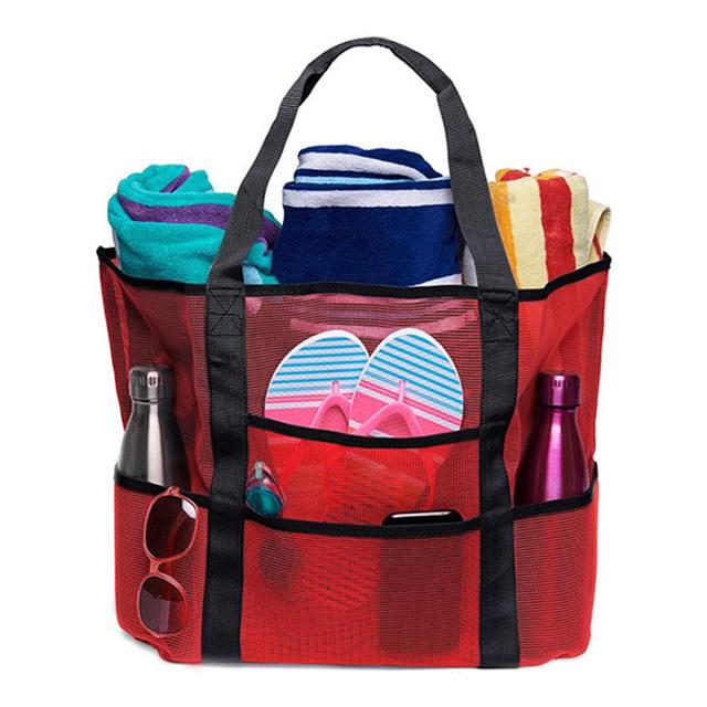 Summer Large Capacity Mesh Beach Bag For Towels 8 Pockets Durable Beach Bag For Toys Waterproof Underwear Pocket Beach Tote Bag