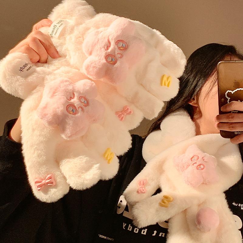 Cute Stars Plush Finger Gloves Women Winter Plush Thickened Warm Cold Furry Cycling Student