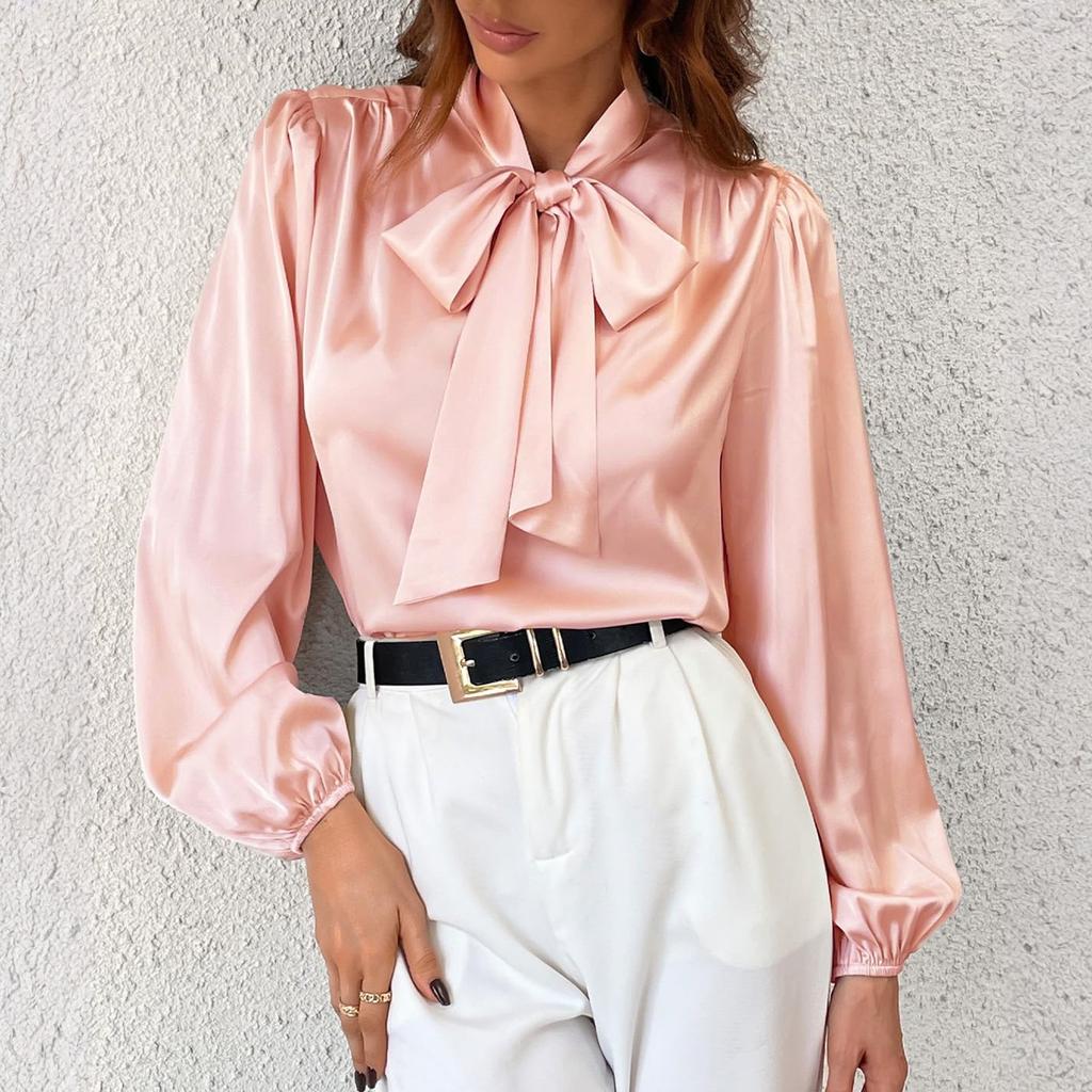 Women's Fashionable Color Round Neck Long Sleeved Lace Bow Casual Versatile Shirt Top