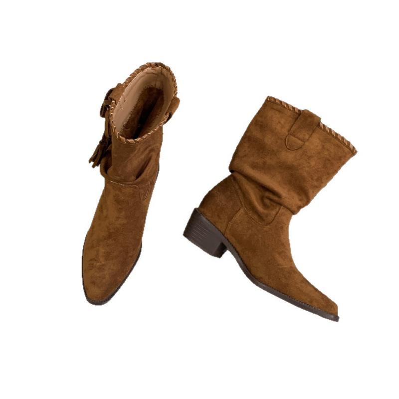 2025 Coarse Heel Vintage Bow Pointed Knight Boots Women's Pointed Tassel Versatile Frosted Suede Medium Boots