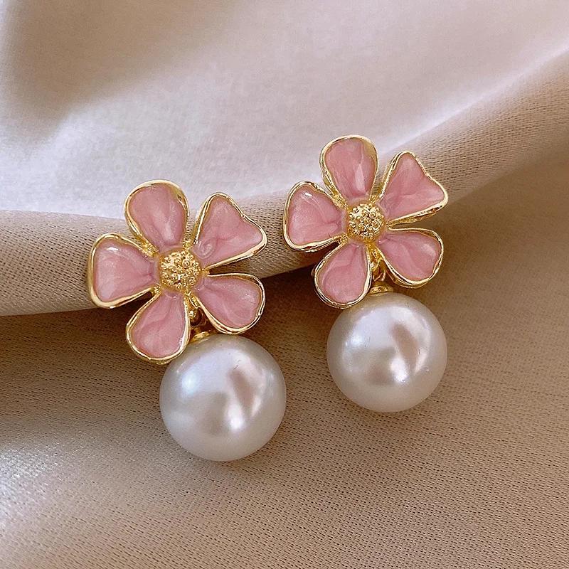 

Pink Color Enamel Flower Big Imitation Pearl Drop Earring for Women Trend Party Zircon Accessory Wedding Christmas Girl Gift Other