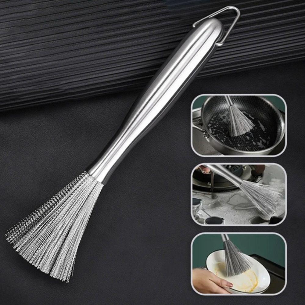 Anti-Rust Stainless Steel Pan Brush Kitchen Clean Tools Dishwashing Brush Durable Cleaning Brush