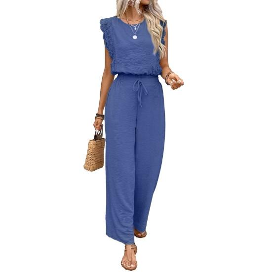 Nostalgie Women s Summer 2 Piece Sets, Lace Trim Sleeveless Crew Neck Top And Wide Leg Pants Casual Travel Vacation Outfits S королевский синий