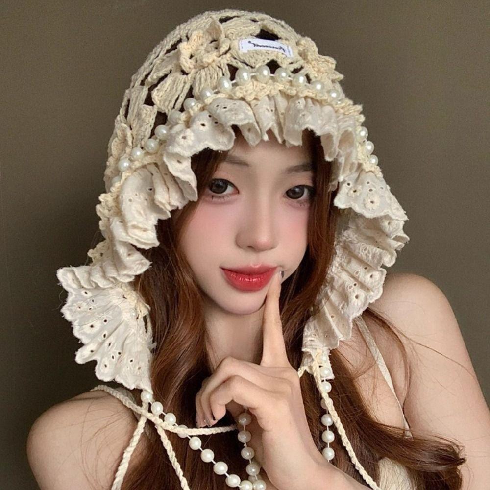 Bohemian Style Lace Beanies Hollow Out Knit Cap Crochet Flower Knitted Hat  Apparel Accessories