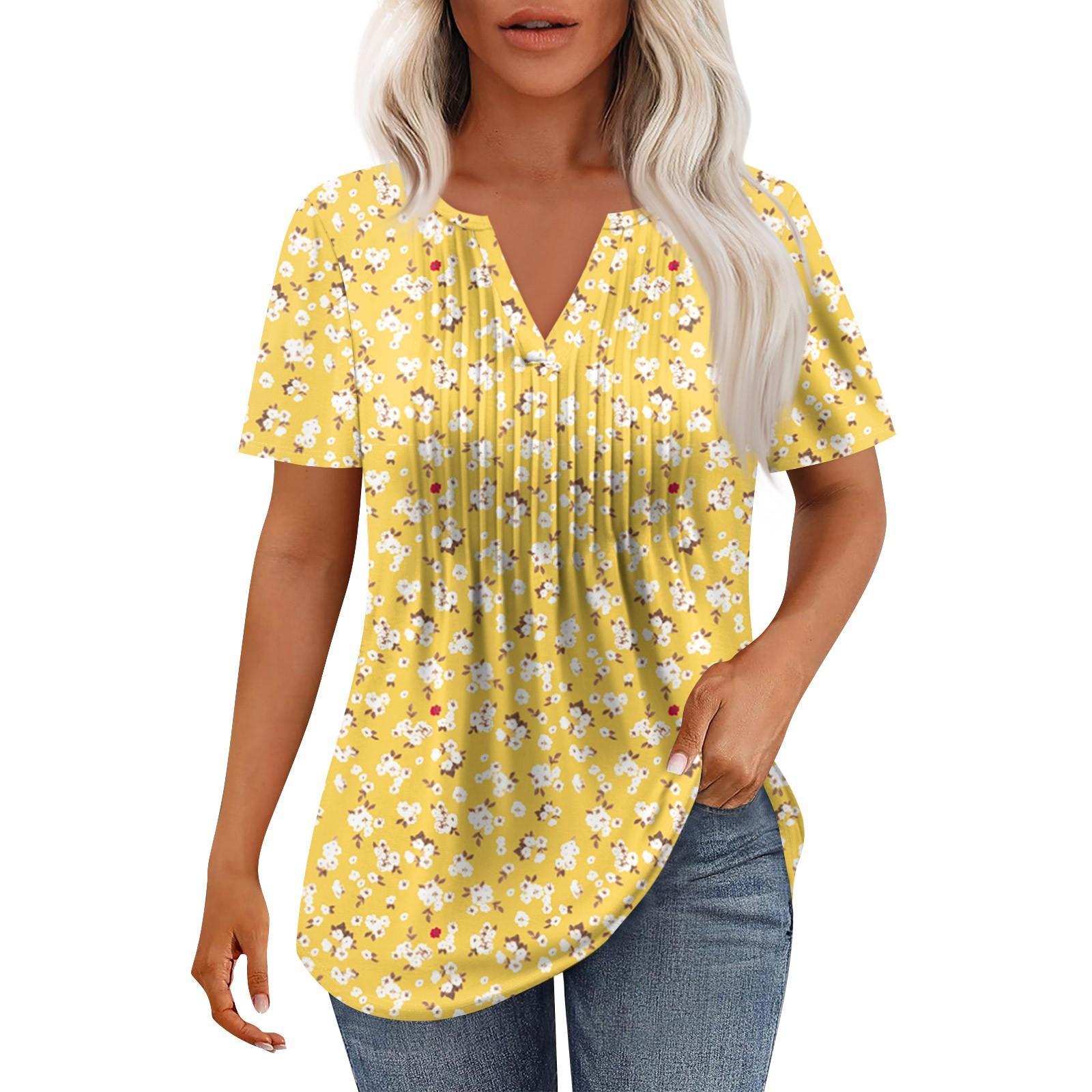 

Женская мода повседневная плиссированная футболка с V-образным вырезом и коротким рукавом XL жёлтый