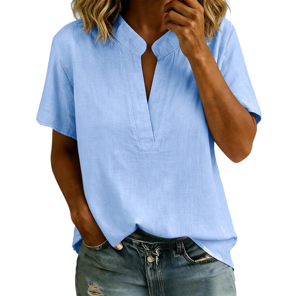 Women's V Neck Short Sleeve Shirt Gathered Detail Solid Color Casual Top Lightweight Comfortable Fabric