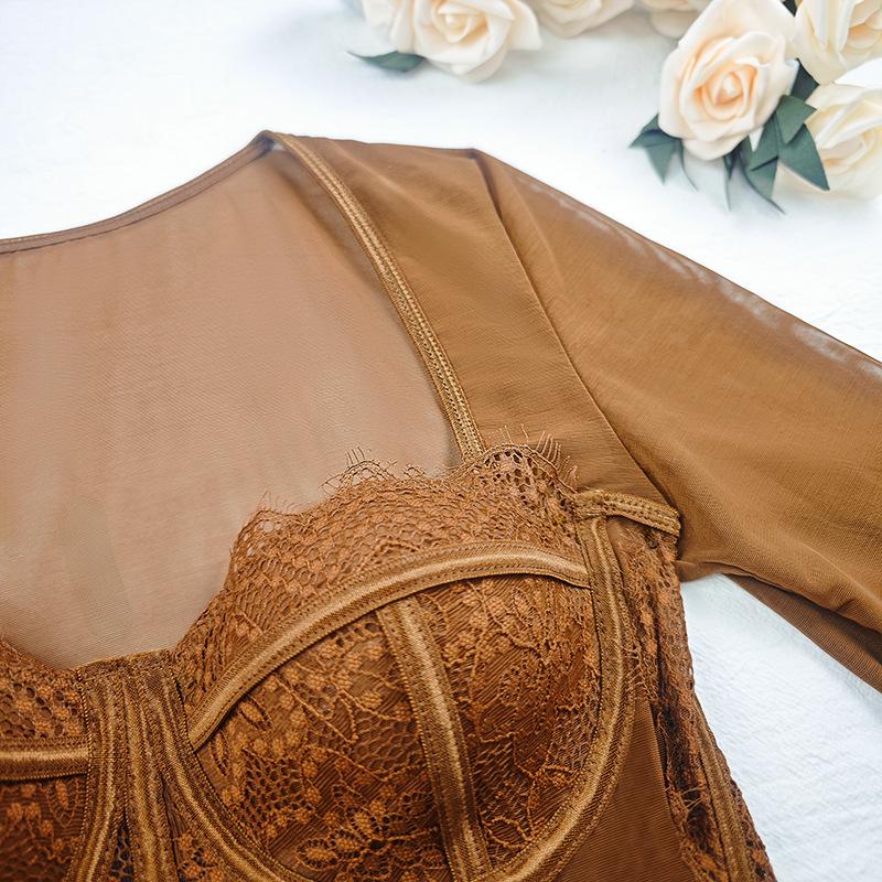 European & American Cross-Border Mesh Patchwork Lace See-Through Slimming Corset Top