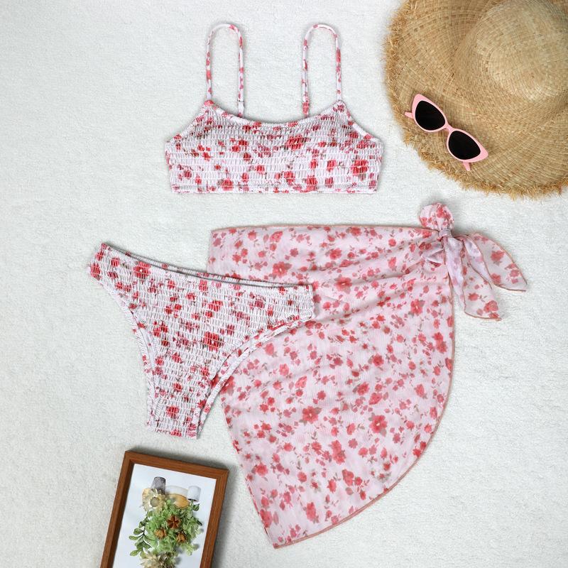 

TS JYL-BK300 Three-Piece Print Bikini, Wrap Skirt Alluring Swimwear For Beach M поле сірим кольором