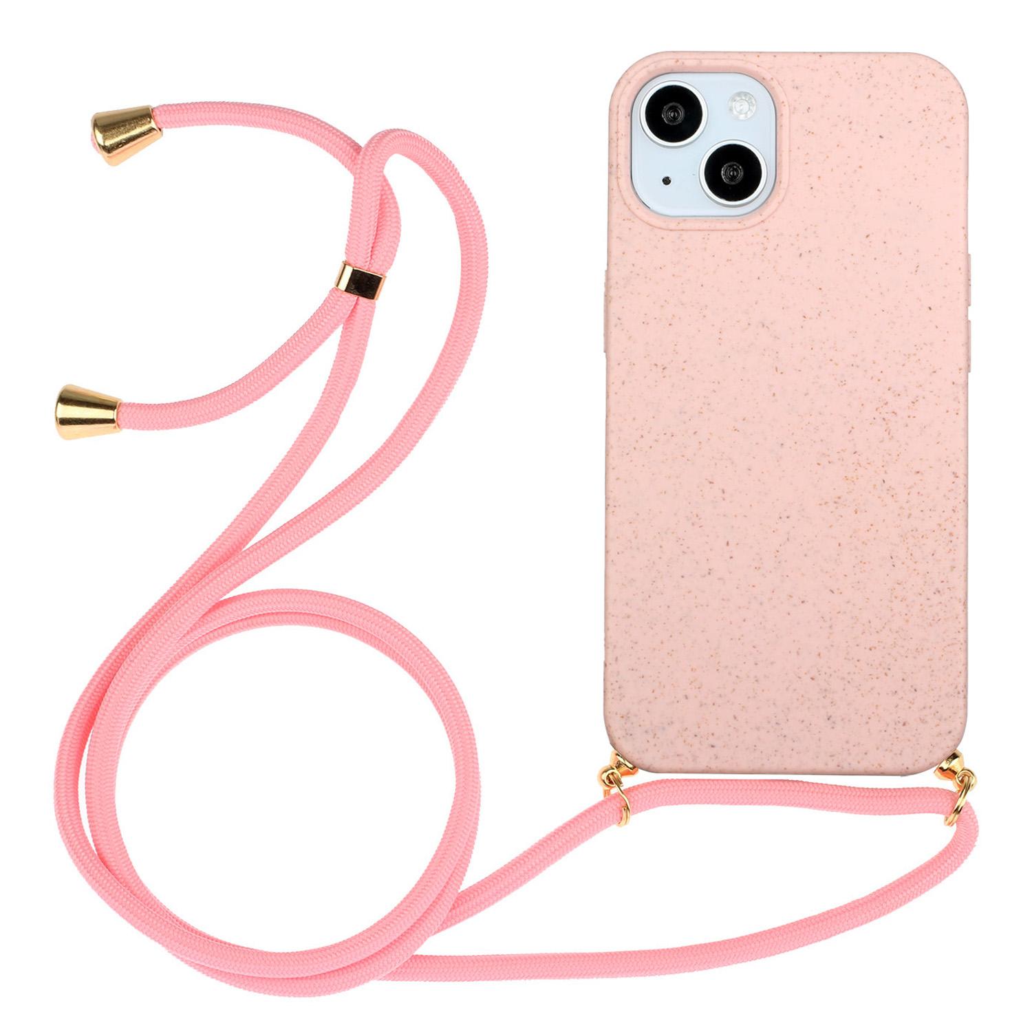 

For iPhone 15 Eco-Friendly Phone Case Compostable Wheat Straw+TPU Shock Absorbing Cover with Lanyard Pink