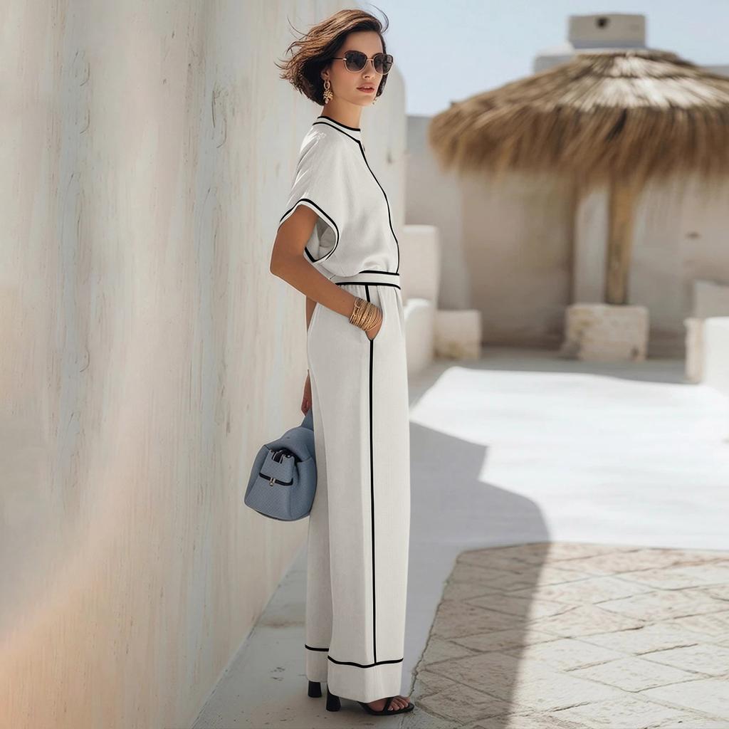 Modisches Lässiges V-Ausschnitt Kurzarm Pullover Oberteil und High-Waist Weitbeinige Hosen Set für Damen