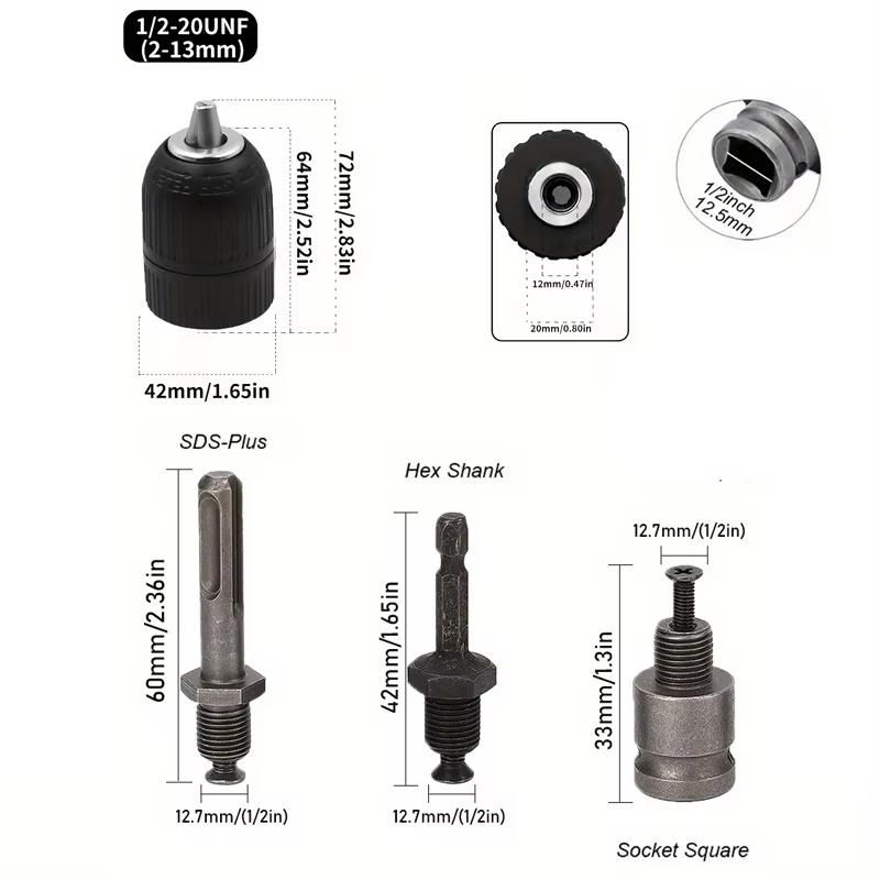 Schlüsselloses Bohrfutter 2-13mm Konverter 1/2"-20UNF Gewinde Schnellwechseladapter SDS 1/4" Sechskant Schlagschrauber Schlüssel Bohrer