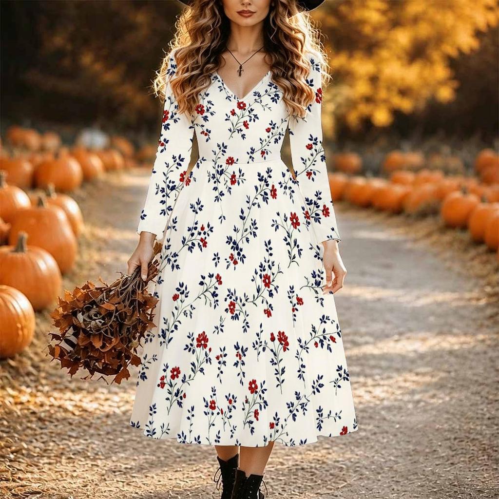 Halloween Women's Red Rose Print Midi Dress A Line Dress Vacation Casual Daily Regular Fit Long Sleeve V Neck Black Spring Fall