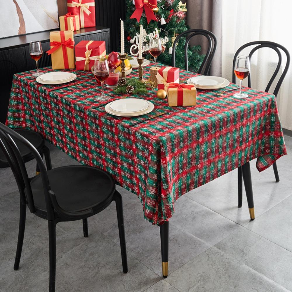 Christmas Tablecloth Rectangle Snowflake Retro Green Plaid Holiday Dining Table Decor