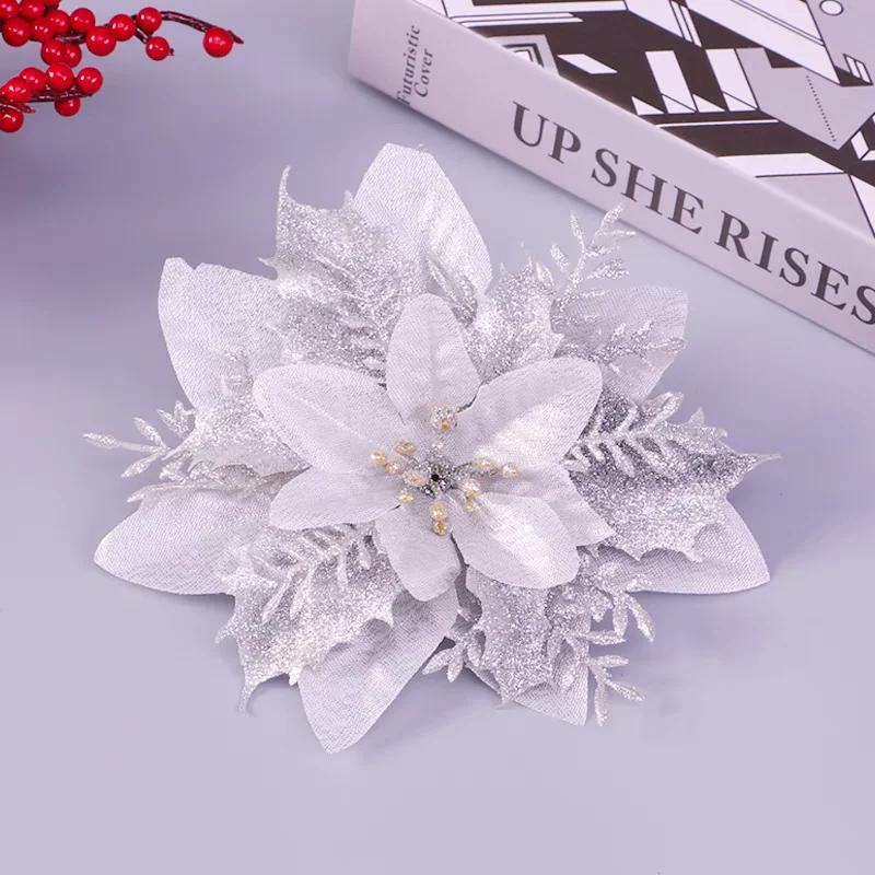 

14cm Glitter Artificial Christmas Flowers Xmas Tree Ornaments Merry Christmas Flowers Decorations for Home Party New Year Gifts 5PCS срібний