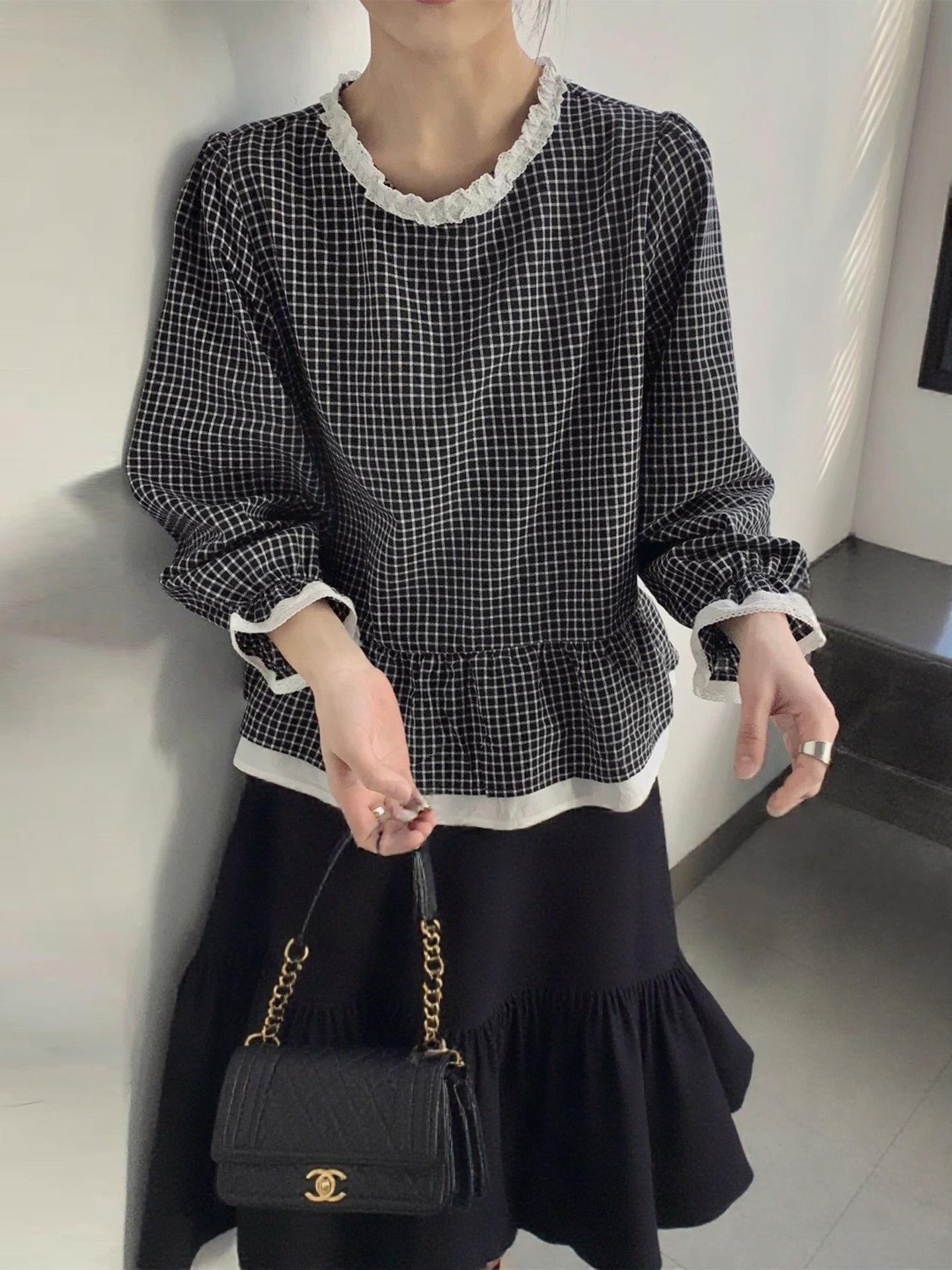 Spring 2026 Women s Korean Style Plaid Shirt with Lace Ruffle Collar One Size